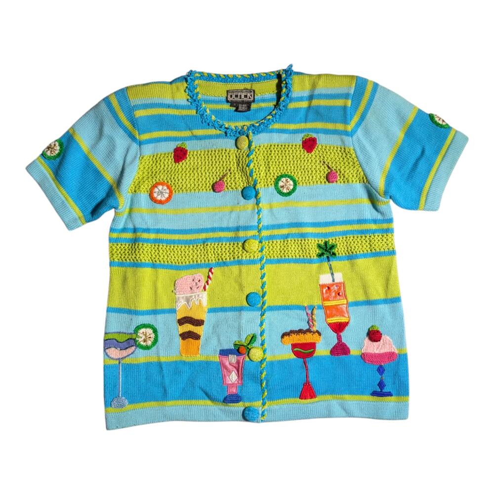 Vtg 1990s Berek Blue Green Striped Cocktail Applique Short Sleeve Cardigan Sz S